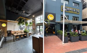 A collage of the outside and inside sitting area at Bird & Co at Gateway Mall