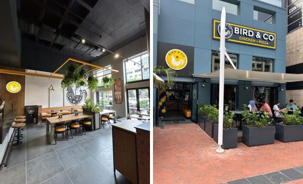 A collage of the outside and inside sitting area at Bird & Co at Gateway Mall