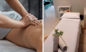 A collage of a woman getting a full-body Swedish massage and a treatment area at Delight Aesthetic Spa in Umhlanga