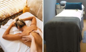 A collage of a woman getting a Swedish massage and the treatment area at Maisha Wellness in the City Bowl