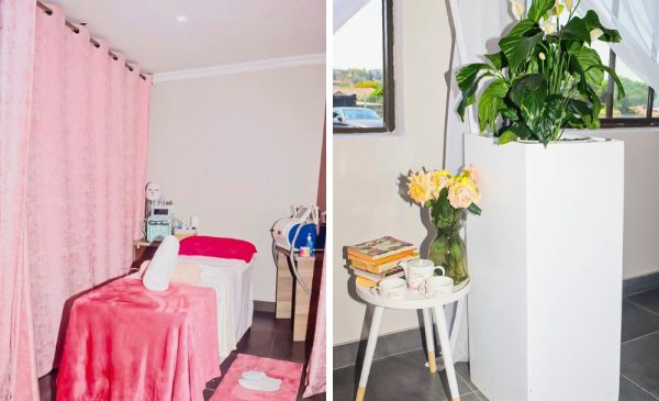 A collage of a treatment area and reception at Bakone Beauty Clinique in Mondeor