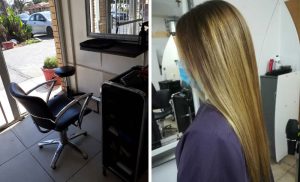 A collage of a woman after getting her hair done and the treatment area at Beauty Haven in Rynfield