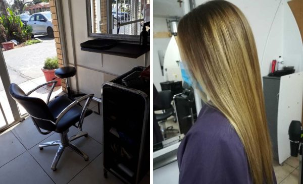 A collage of a woman after getting her hair done and the treatment area at Beauty Haven in Rynfield