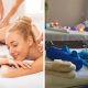 A collage of a couple getting a massage and a treatment area at Diva's Queen Spa in Fourways