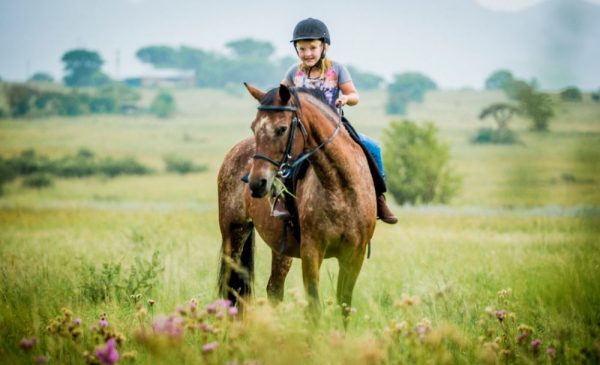 A young girl enjoying a 1-hour horse riding experience from Harties 'Horse and Trail' Unlimited in Hartbeespoort