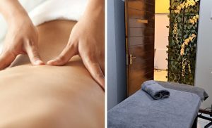 A collage of someone getting a massage and a treatment area at Lagoon Spa Beauty and Aesthetics in Umhlanga Rocks