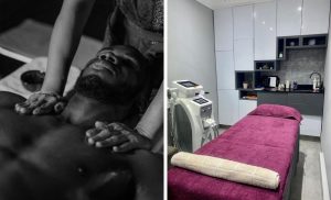 A collage of a man receiving a massage and a treatment area at Mode Hair and Beauty in Umhlanga