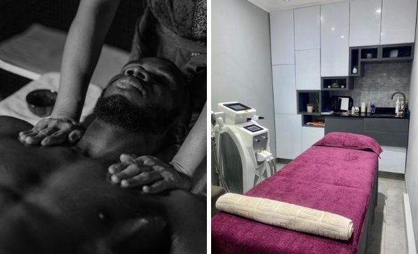 A collage of a man receiving a massage and a treatment area at Mode Hair and Beauty in Umhlanga