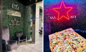 A collage of a pizza and the entrance at Off the Grid in Bluff