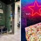 A collage of a pizza and the entrance at Off the Grid in Bluff