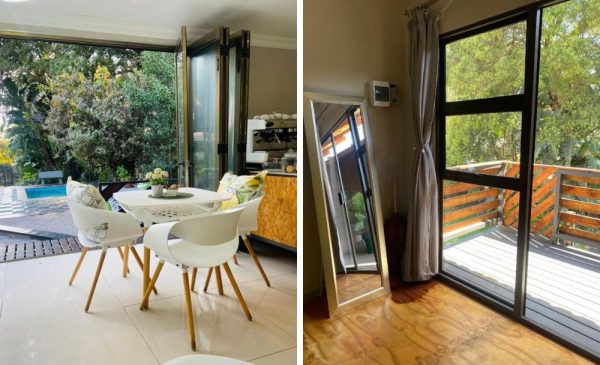 A collage of the balcony area and view of the garden at RRT Retreat Oasis in Monument Park