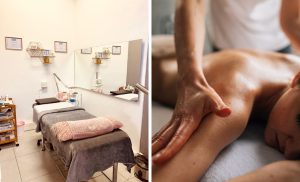 A collage of a treatment area and a woman getting a massage at Toned and Polished in Big Bay