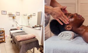 A collage of a woman getting a facial and a treatment area at Toned and Polished in Big Bay