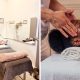A collage of a woman getting a facial and a treatment area at Toned and Polished in Big Bay
