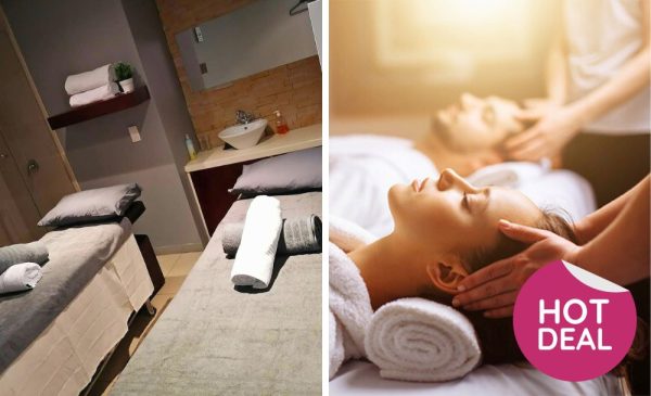 A collage of a stock photo of a couple getting a massage and a treatment area at Kolor Me Perfect in Morningside